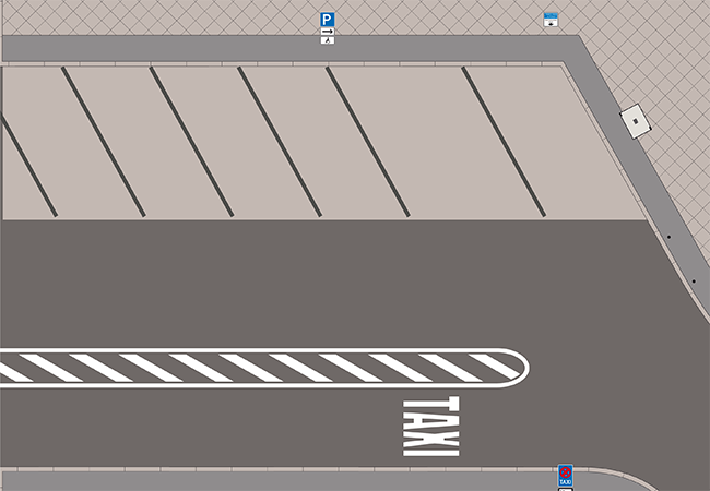 Der zukünftige Parkplatz des Bahnhofs. Die beiden rechten Stellplätze sind Behinderten-Parkplätze. Der äußere darf schmaler sein, da rechts davon kein Fahrzeug parken kann.